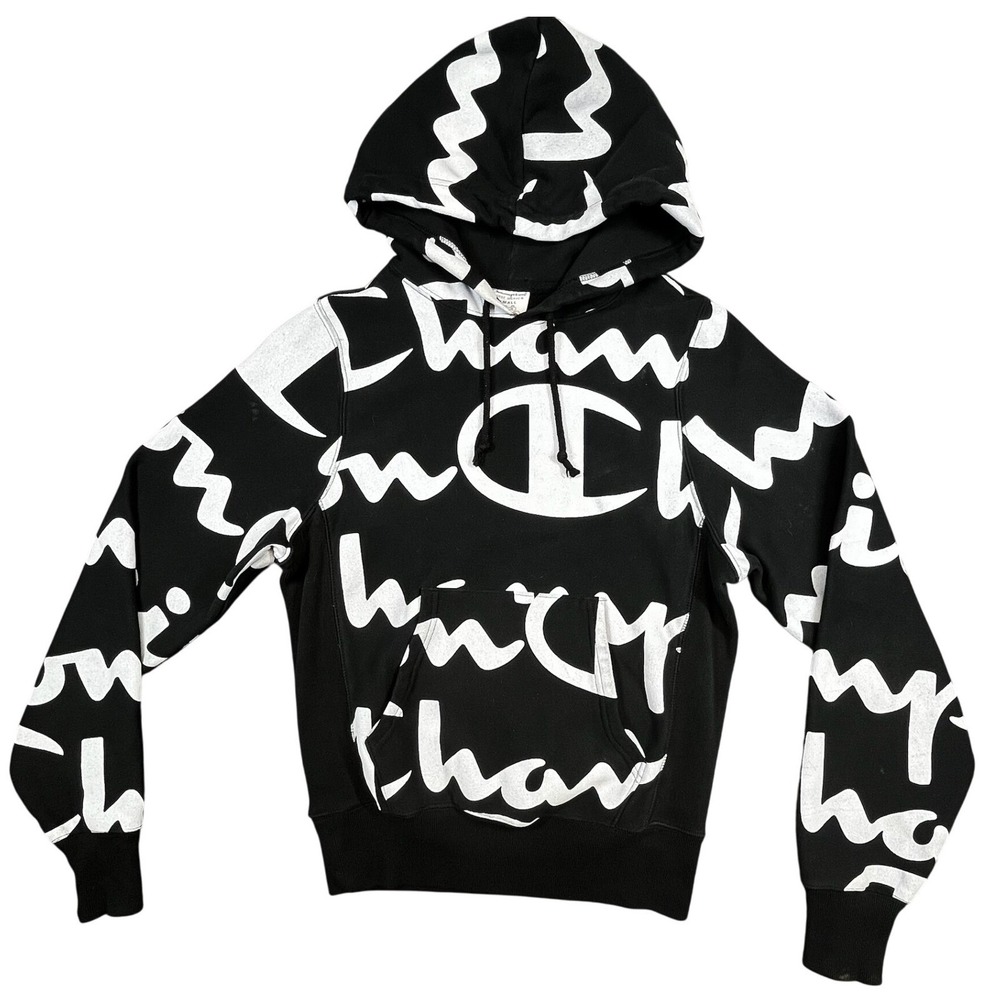 Champion Reverse‎ Weave Hoodie Sweatshirt Black White Logo Print Extra Small XS
